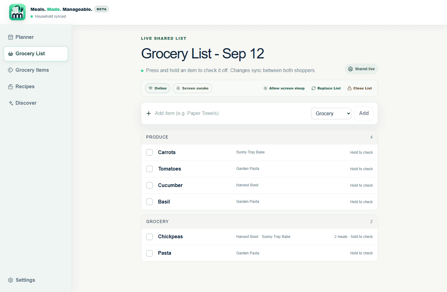 Meals. Made. Manageable. shared grocery list organized by category and marked Shared live.