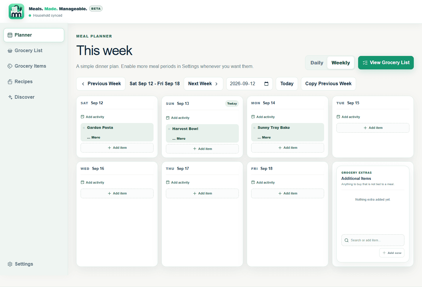 Meals. Made. Manageable. weekly planner with three planned dinners: Garden Pasta, Harvest Bowl, and Sunny Tray Bake.